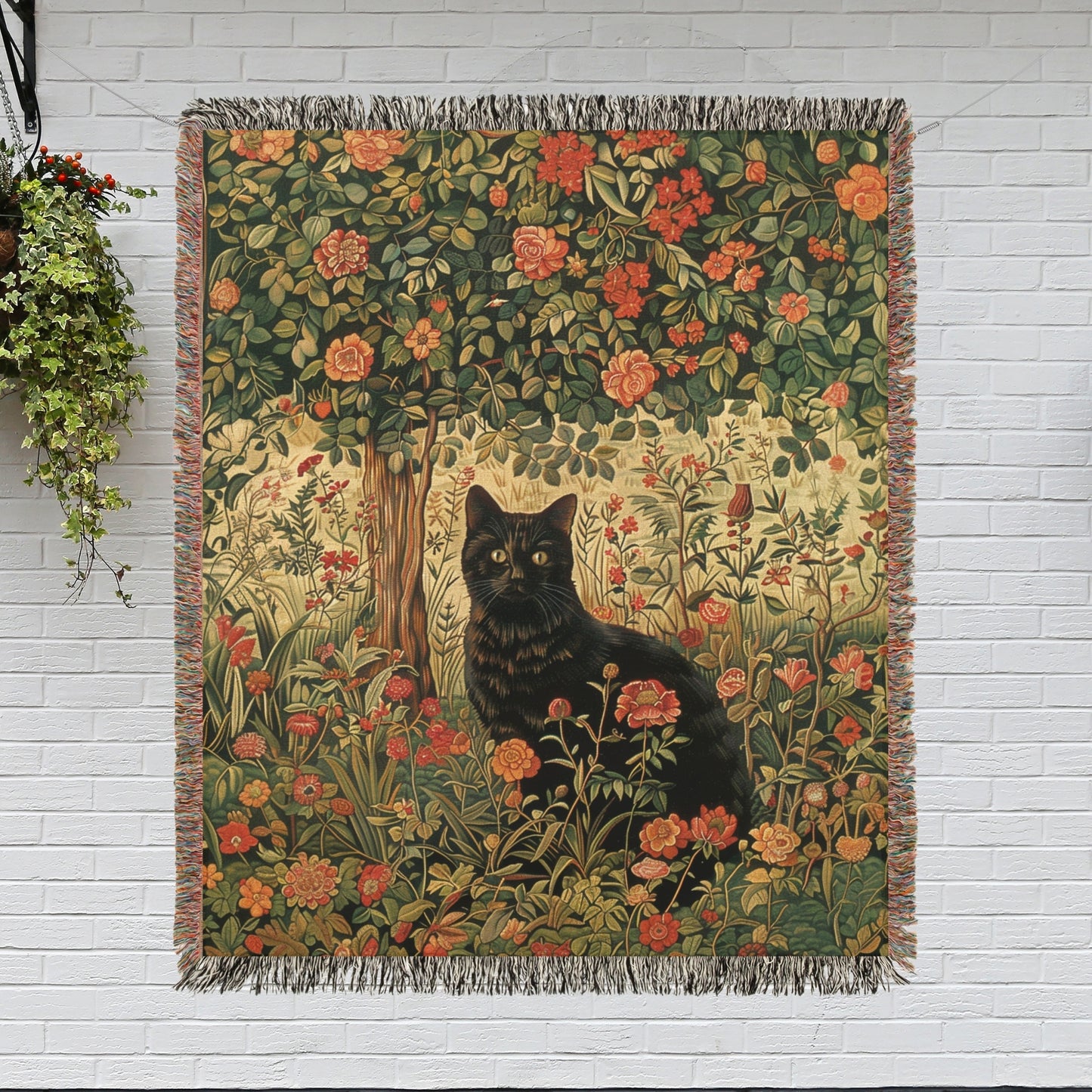 Black Cat Art Nouveau Woven Blanket, Cozy Home Decor, William Morris Inspired Cotton Blanket