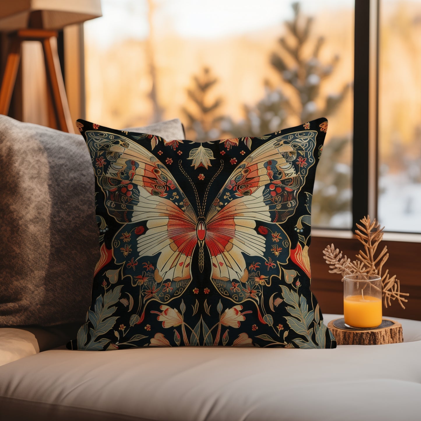 Enchanting Butterfly in the Style of William Morris, Woodland Blossoms Floral Botanical Pillow