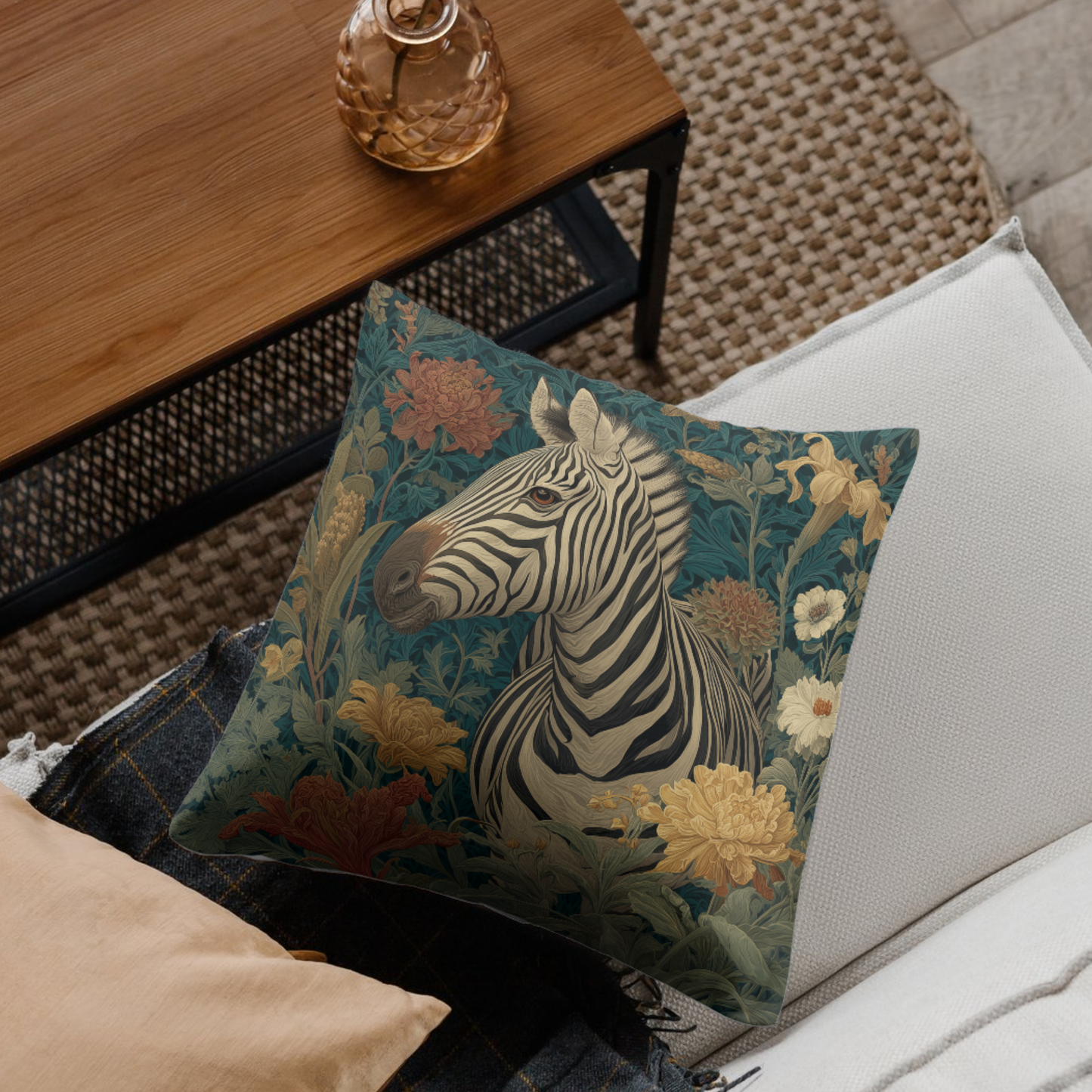 Zebra Botanical Decorative Pillow, William Morris Style Botanical Animal Cushion for Elegant Home Décor