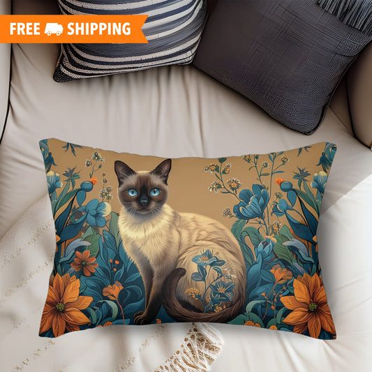 Siamese Cat Florals Garden William Morrium Inspired Lumbar Pillow