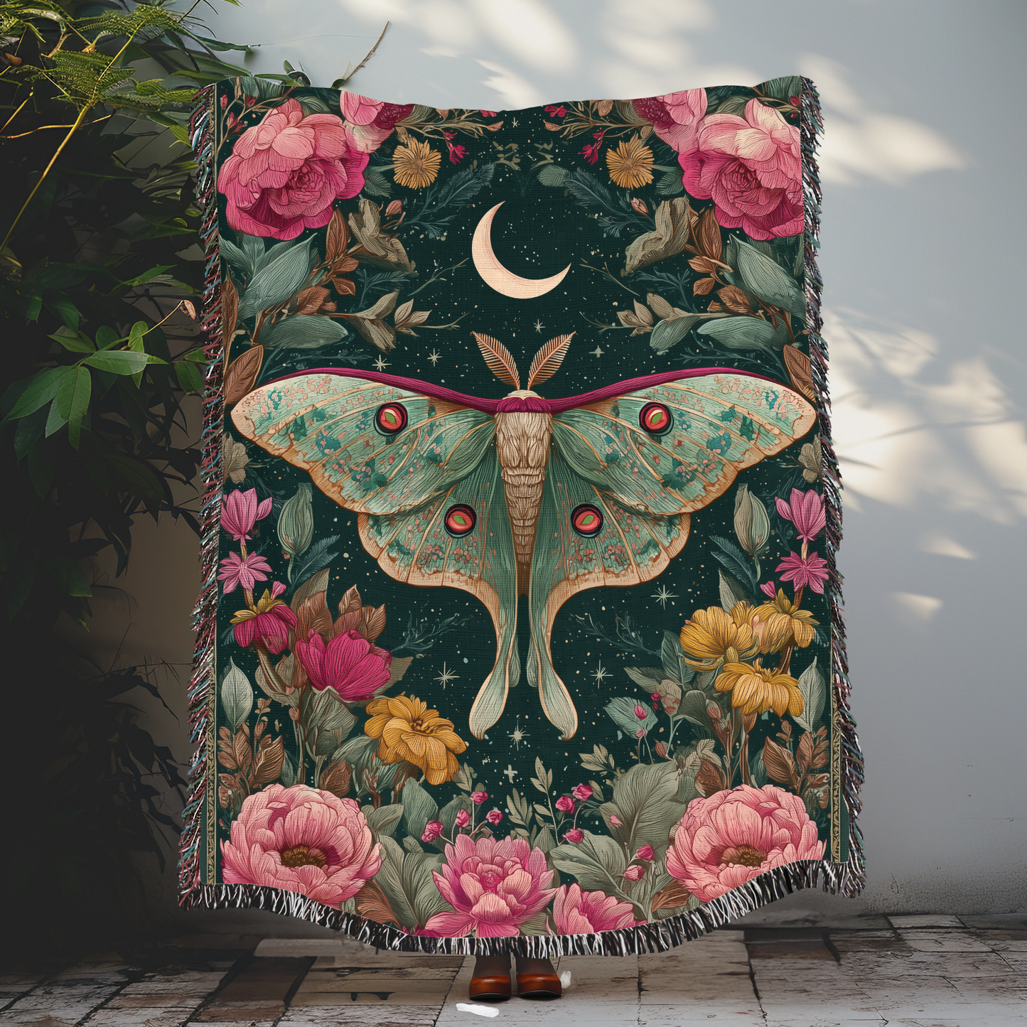 Luna Moth & Crescent Moon Woven Blanket, Floral Boho Tapestry Throw looks, Celestial Nature-Inspired Home Decor