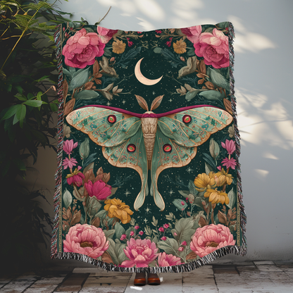 Luna Moth & Crescent Moon Woven Blanket, Floral Boho Tapestry Throw looks, Celestial Nature-Inspired Home Decor