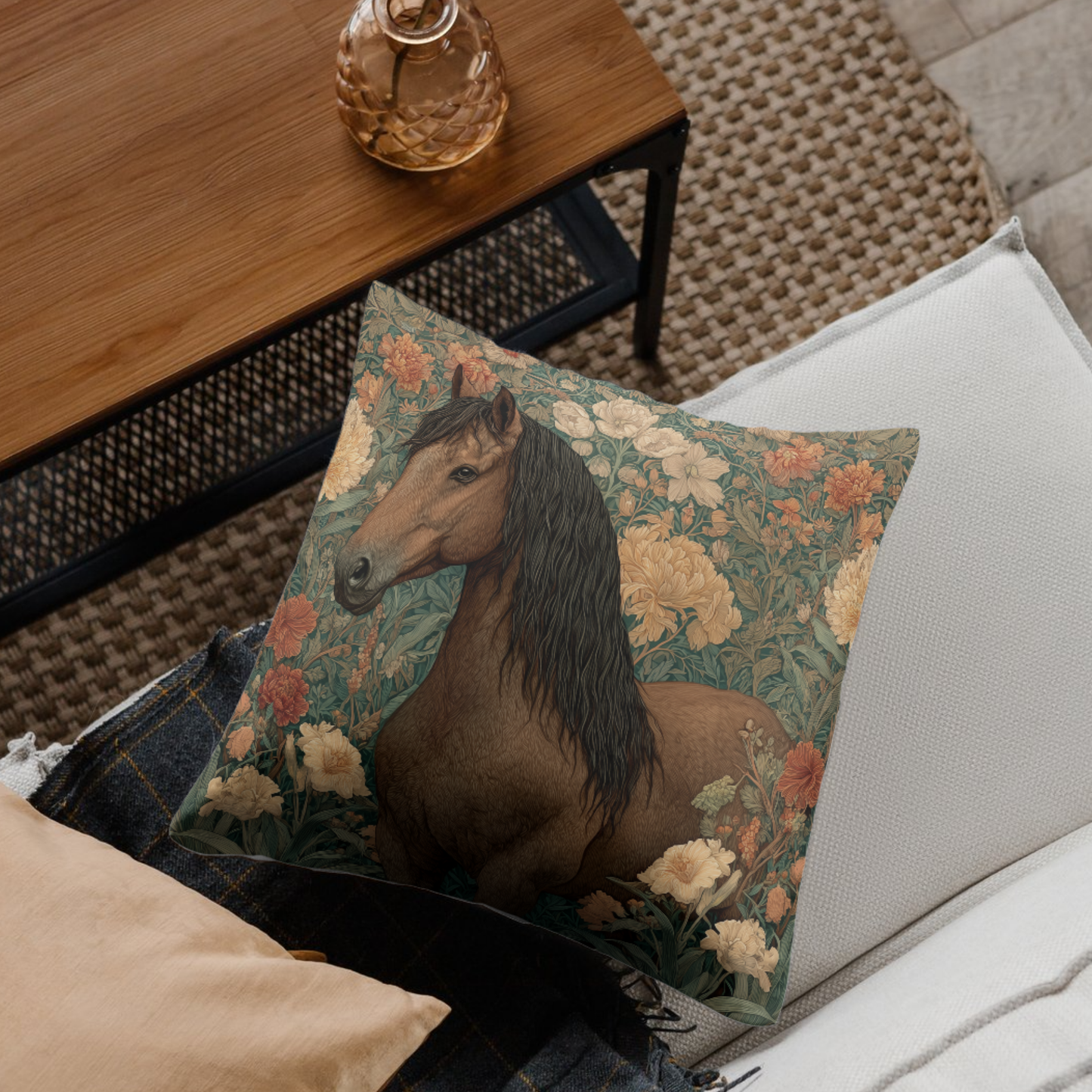 Majestic Horse Floral Pillow, William Morris Style Botanical Equestrian Cushion