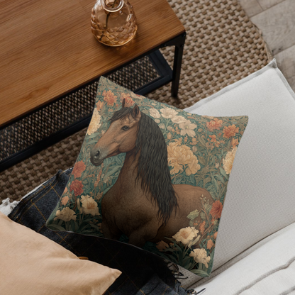 Majestic Horse Floral Pillow, William Morris Style Botanical Equestrian Cushion