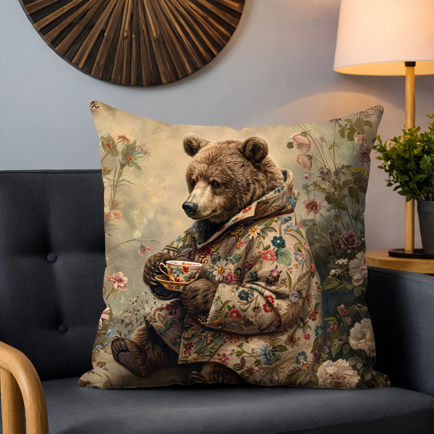Cozy Floral Bear Tea Time Pillow Decorative Square Throw Pillow