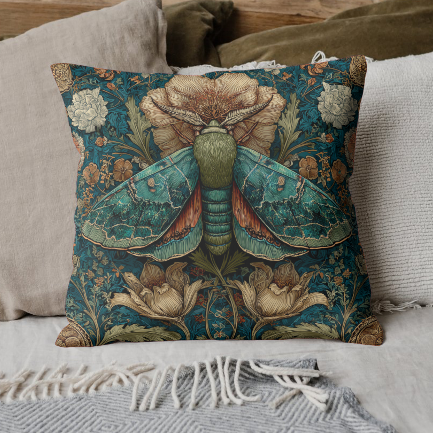 William Morris Inspired Moth Pillow, Teal Botanical Art Nouveau Cushion, Vintage Floral Nature Square Pillow