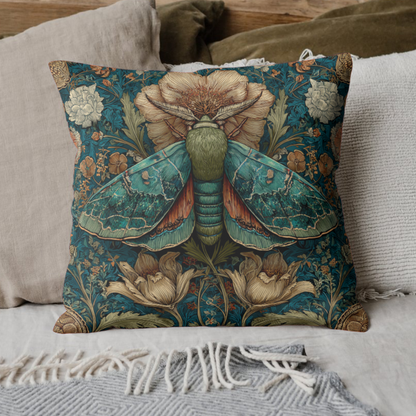 William Morris Inspired Moth Pillow, Teal Botanical Art Nouveau Cushion, Vintage Floral Nature Square Pillow
