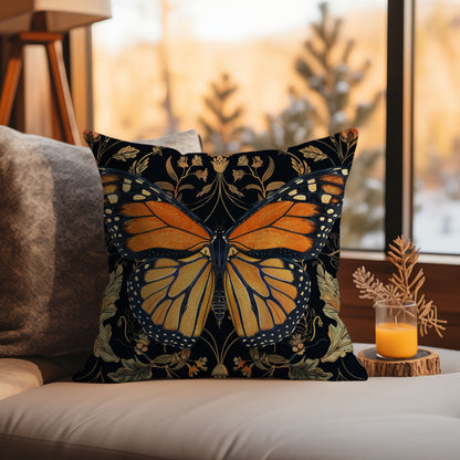 Woodland Monarch Butterfly Floral Botanical in the Style of William Morris Pillow