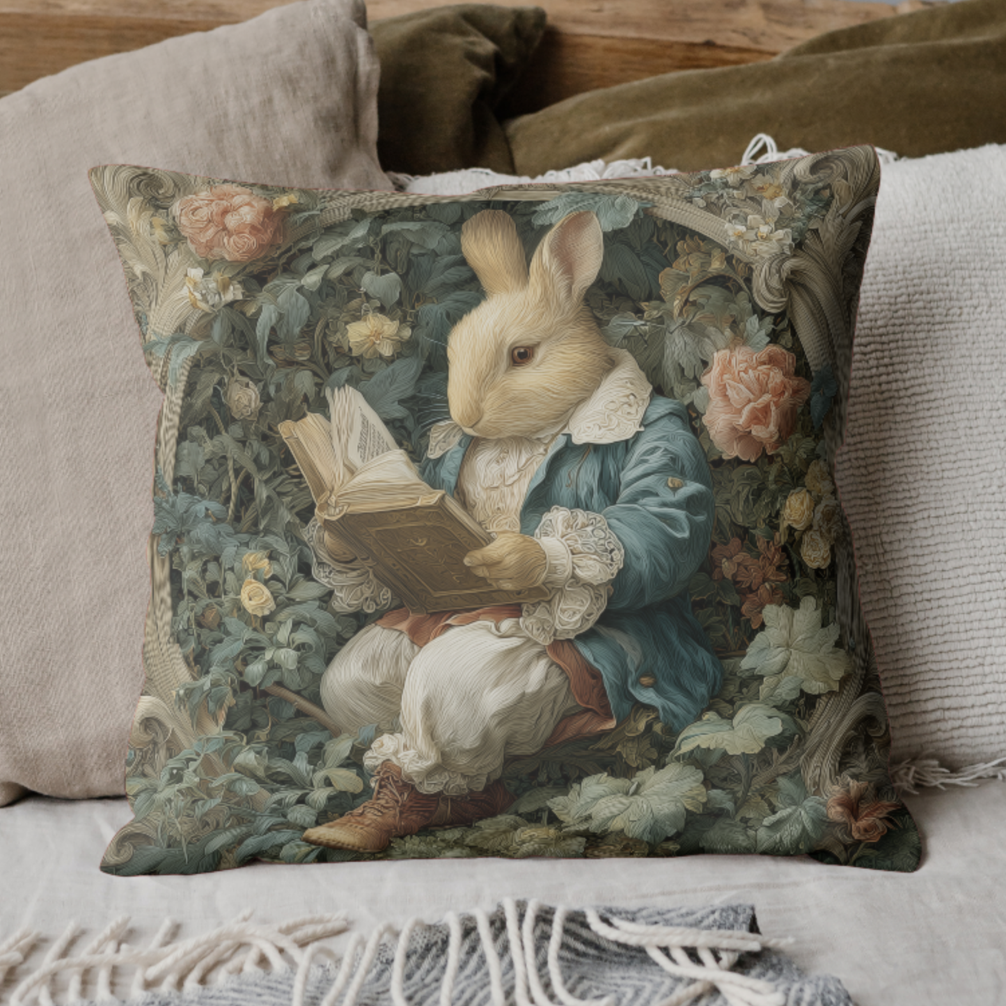 Storybook Rabbit Reading Pillow, William Morris Style Vintage Bunny Among Flowers