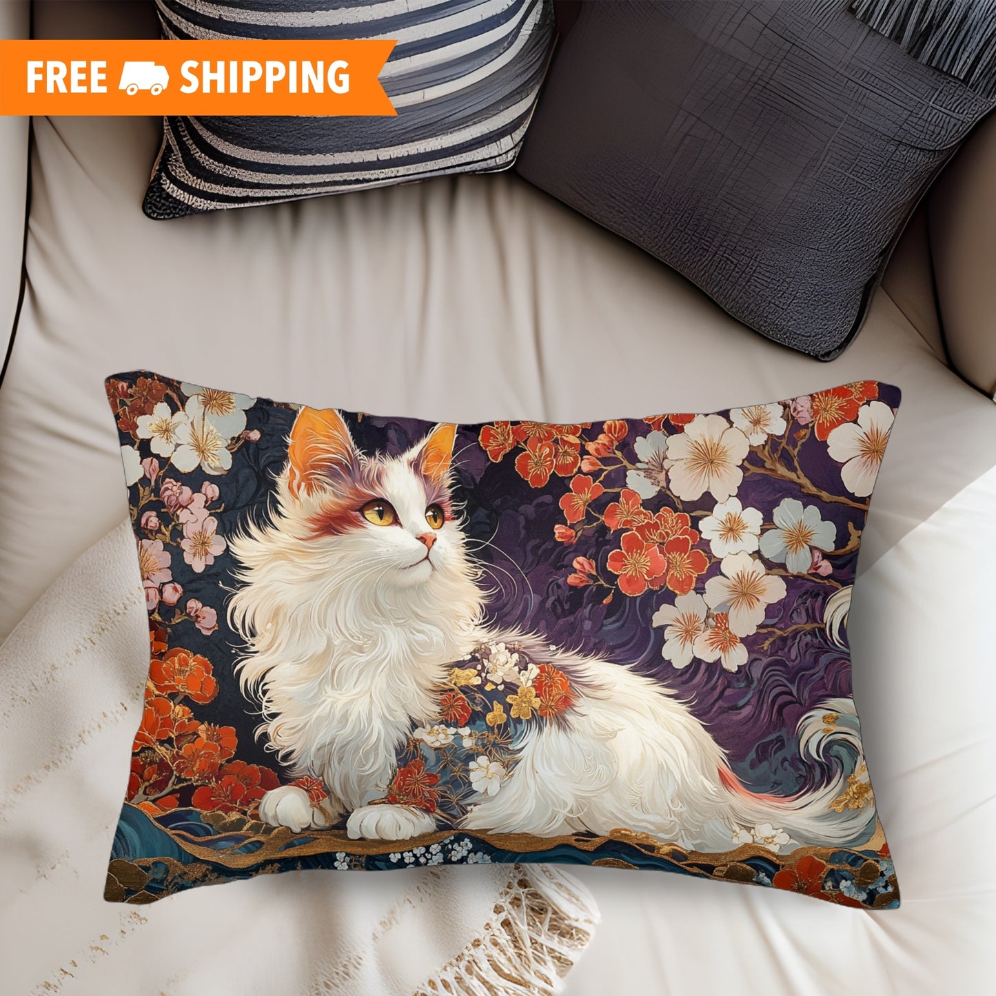 A White Calico Cat Cherry Blossom Japanese Art Style  Lumbar Pillow