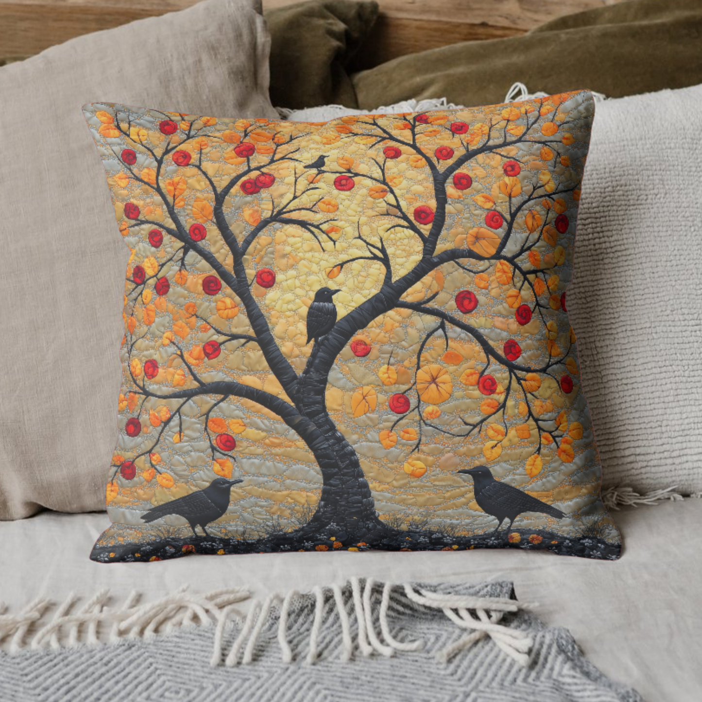 Autumn Crow Tree Throw Pillow, Fall Decorative Square Pillow