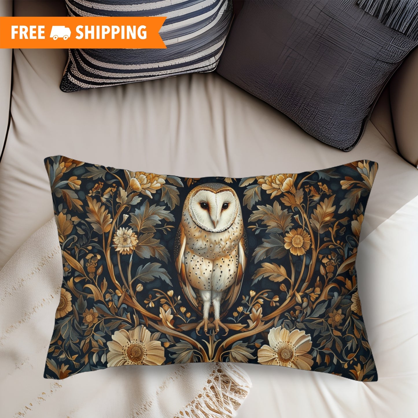 Forest Barn Owl William Morris Inspired Lumbar Pillow