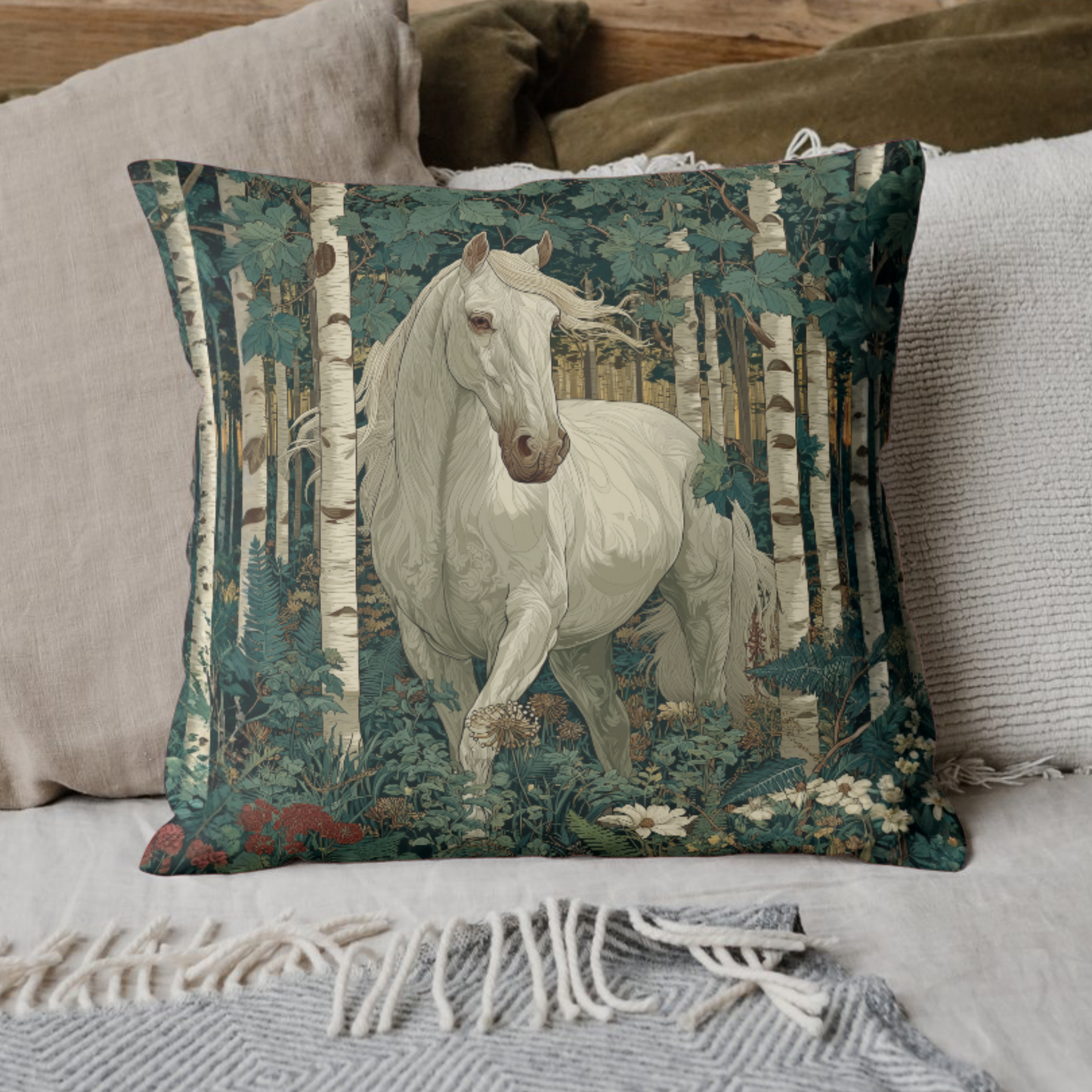 White Horse Birch Forest Decorative Pillow — Rustic Woodland Accent Cushion
