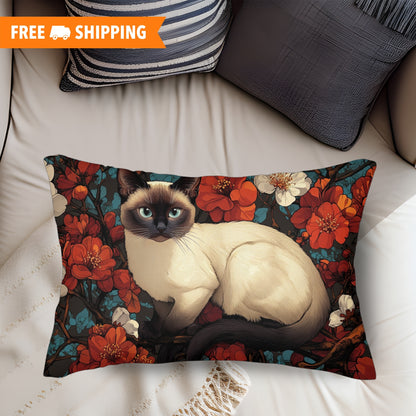 Siamese Cat Cherry Blossom Lumbar Pillow