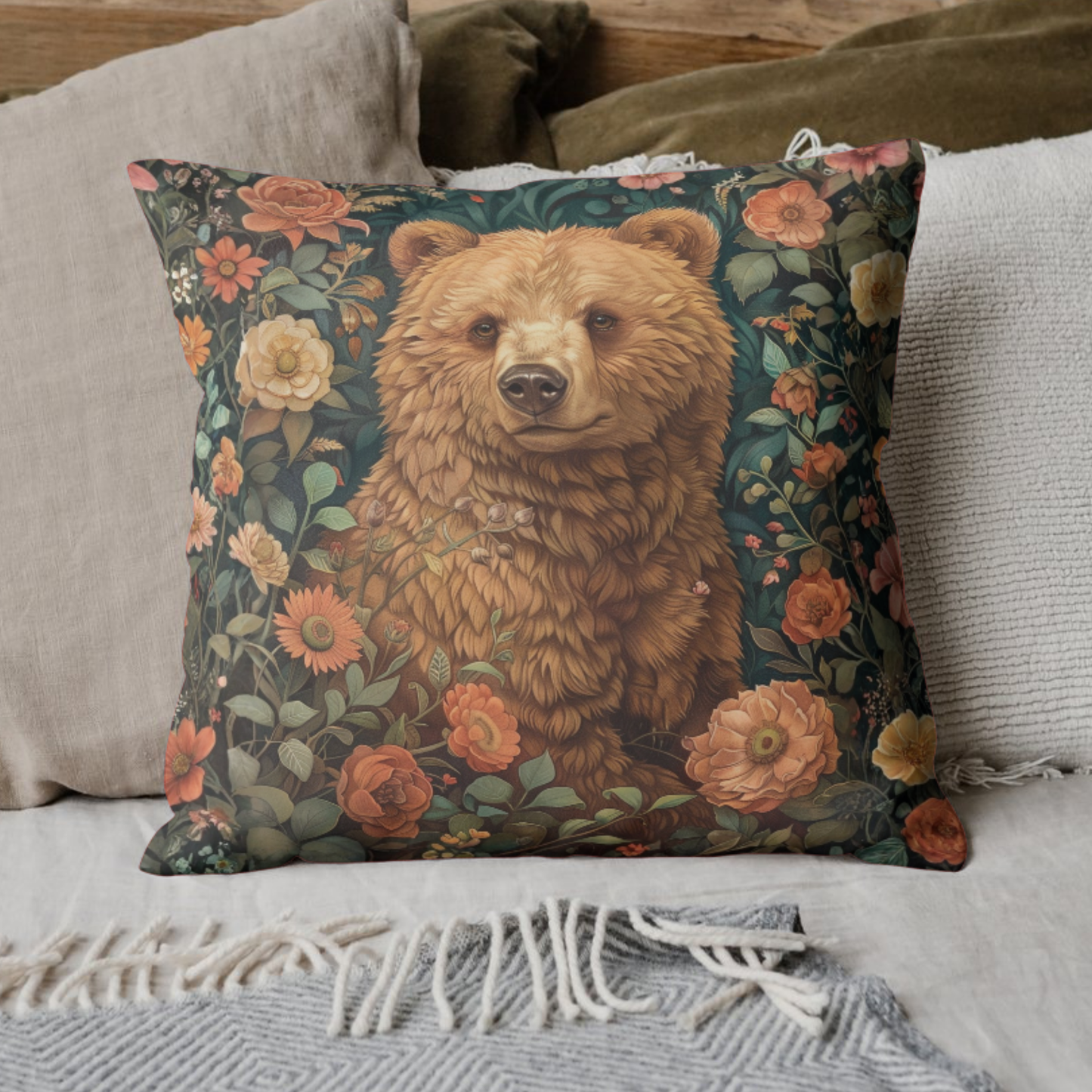 William Morris Floral Bear Pillow Spun Polyester Square Pillow | Decorative Home Accent