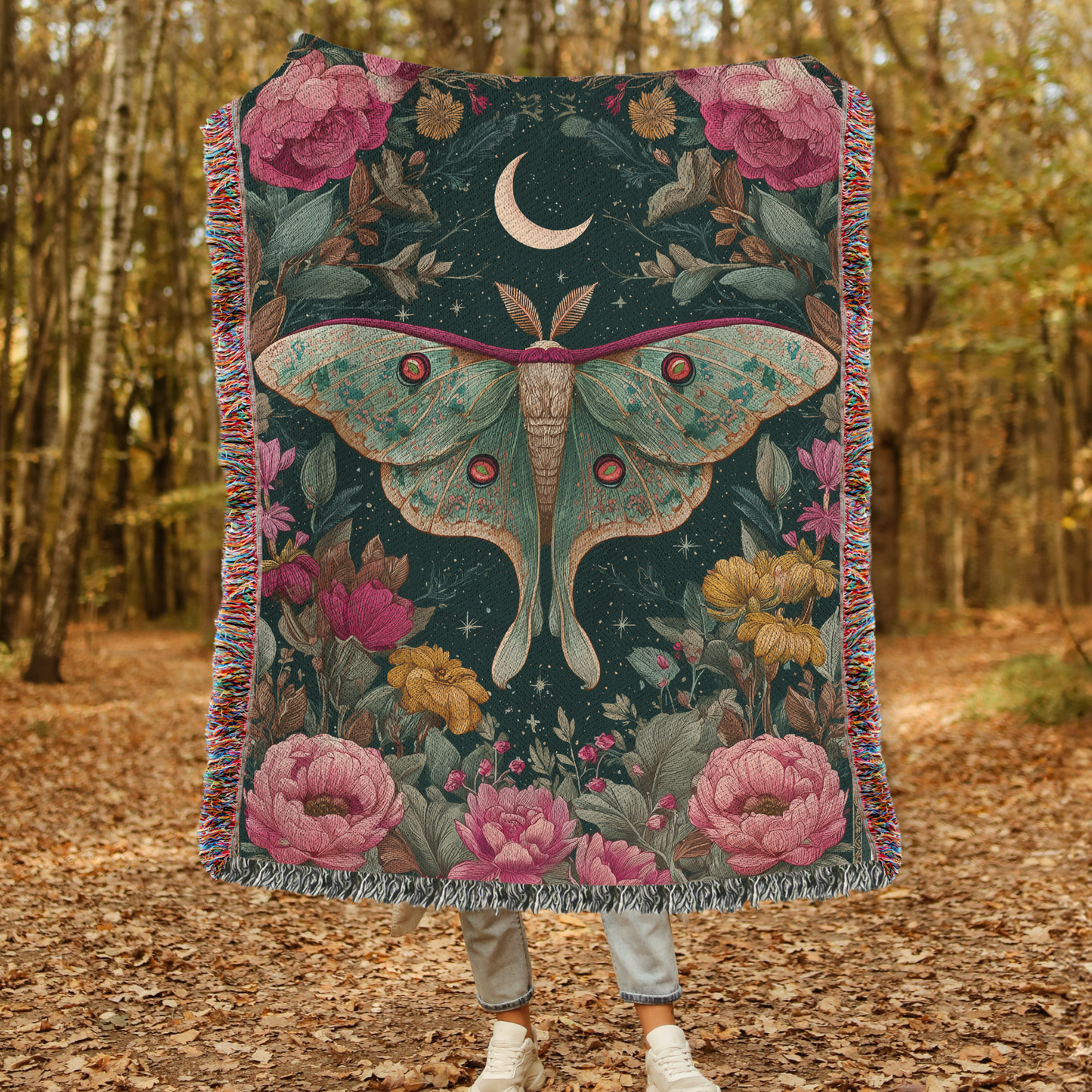 Luna Moth & Crescent Moon Woven Blanket, Floral Boho Tapestry Throw looks, Celestial Nature-Inspired Home Decor
