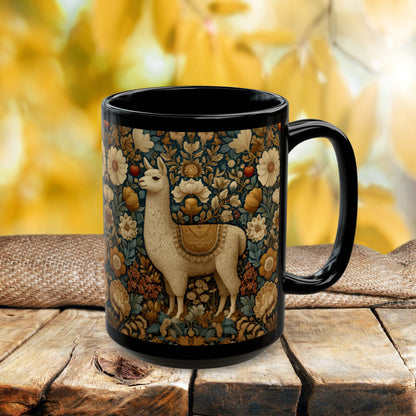 Vintage Floral Llama Mug | Black Ceramic Coffee Cup