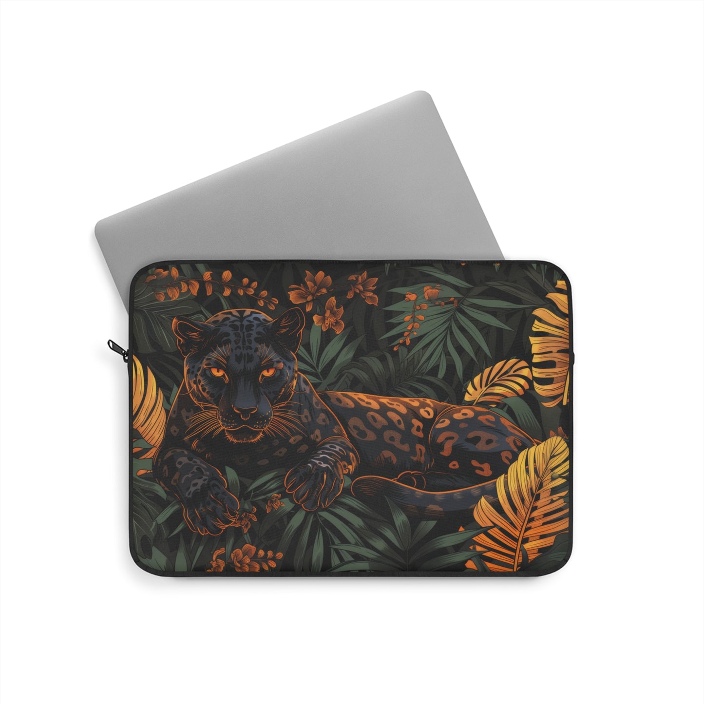 Black Jaguar Laptop Sleeve, Tropical Jungle Art Case, Dark Botanical Panther Design Laptop Cover