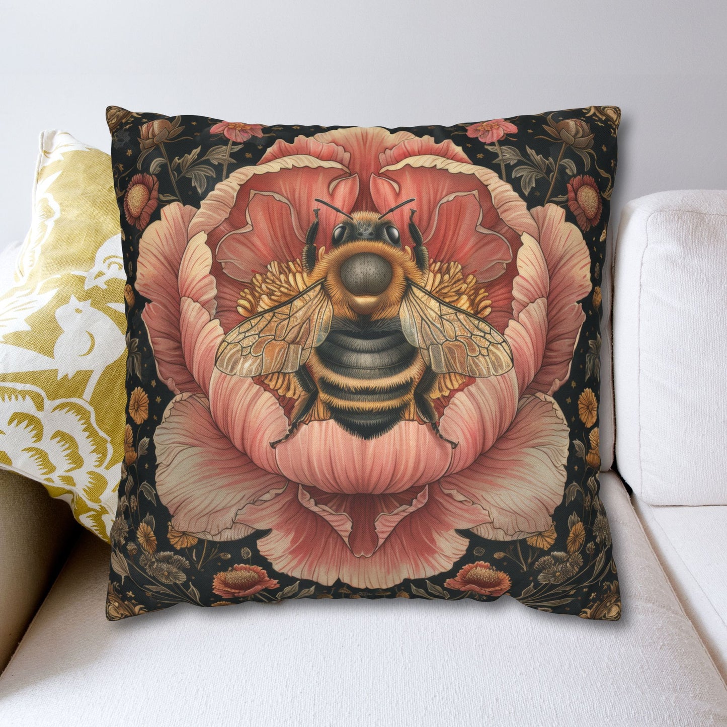 Bumblebee Pink Peony Pillowcase, William Morris Decor, Throw Cushion, Floral Home Decor, Square Pillow Cover