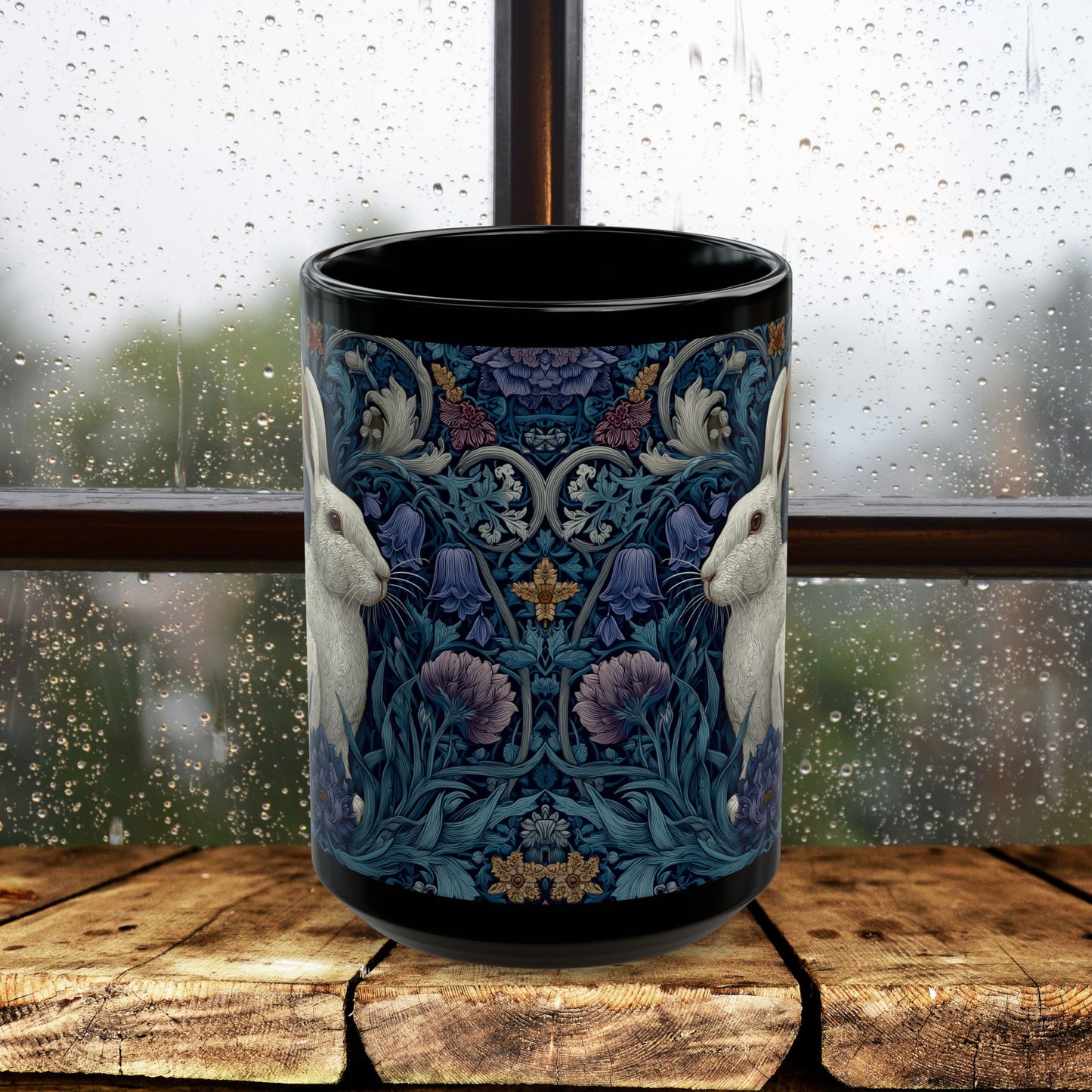 Rabbit Floral Black Mug, Vintage William Morris Style Bunny Coffee Cup (11oz/15oz)