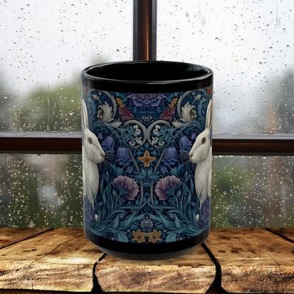 Rabbit Floral Black Mug, Vintage William Morris Style Bunny Coffee Cup (11oz/15oz)