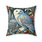 William Morris Inspired Woodland Snowy Owl Winter flowers Decorative Pillow