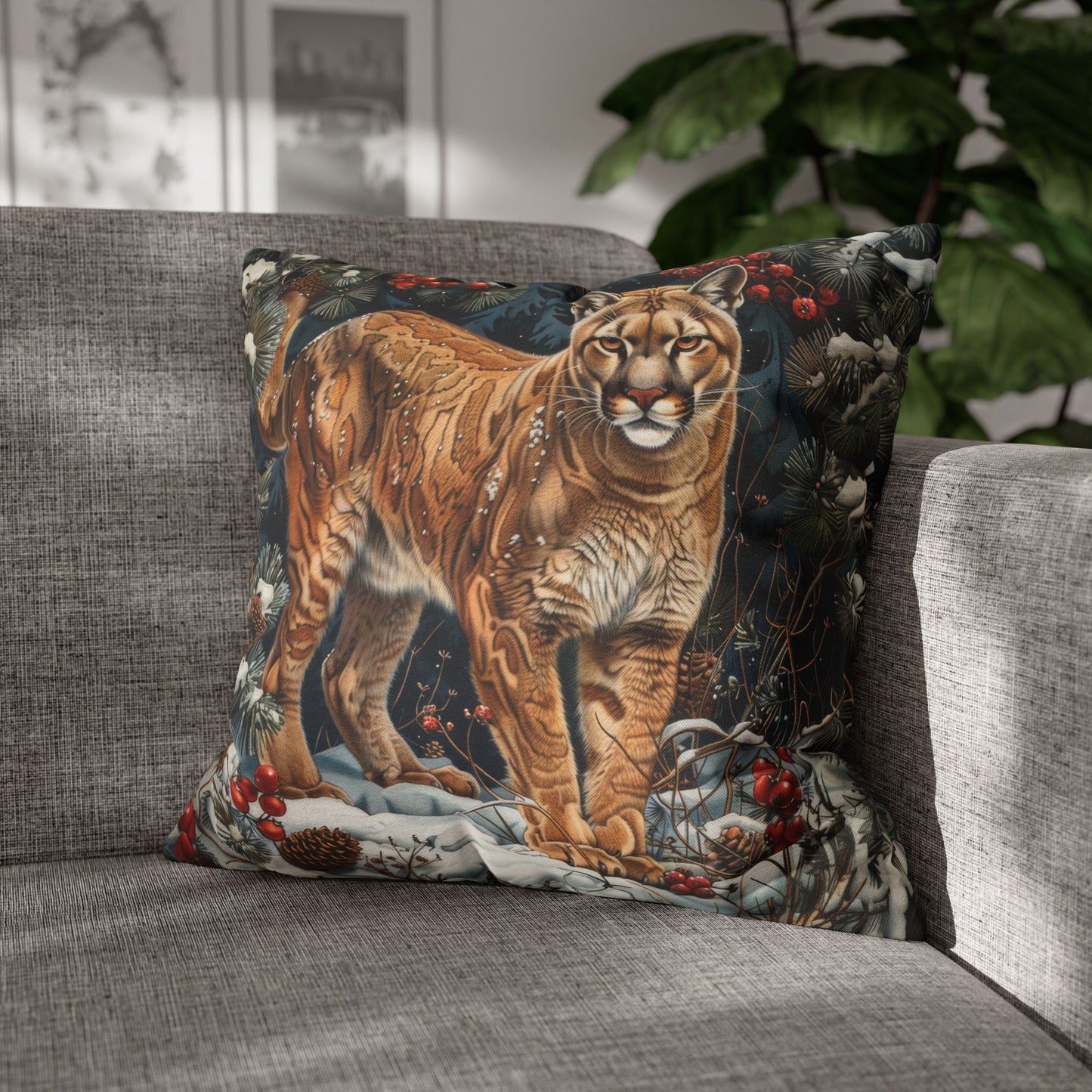 Winter Mountain Lion William Morris Inspired Decorative Pillowcase