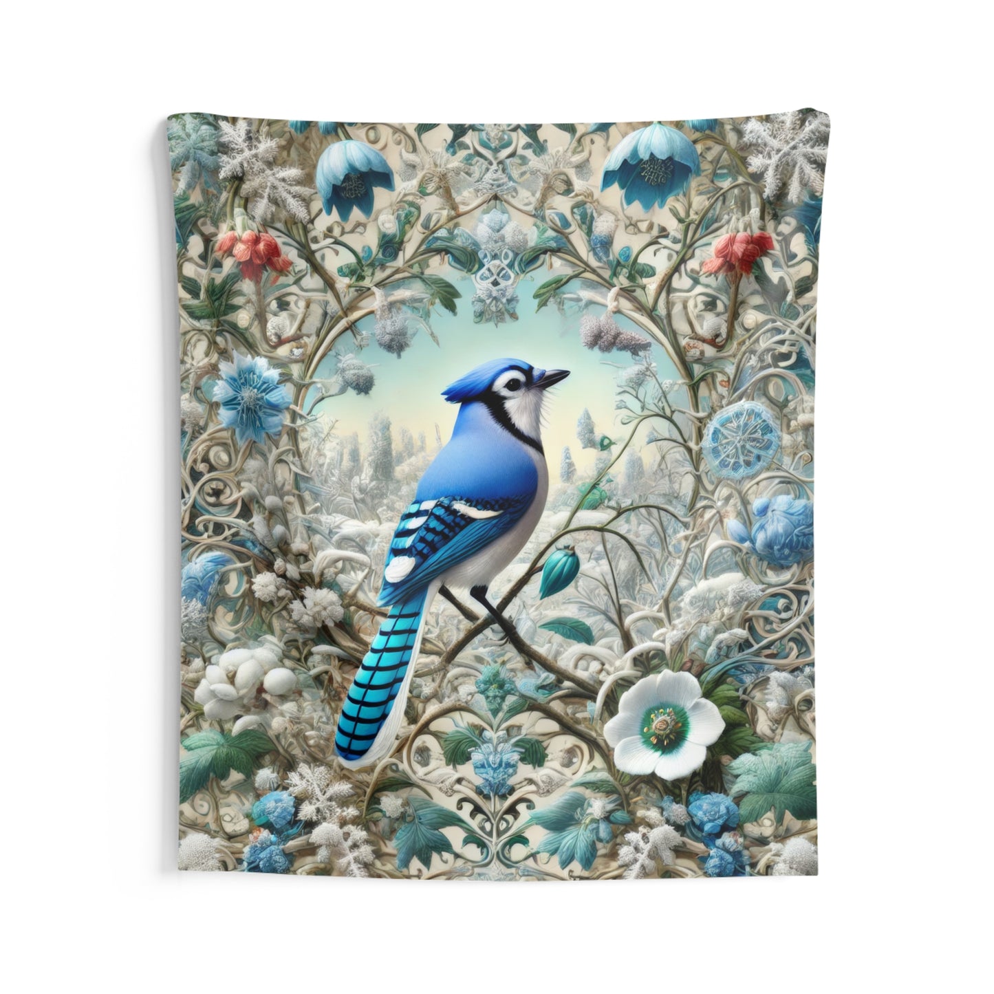 Tapestry of Blue Jay Winter Flower Garden William Morris Inspired Hanging Bird Florals Home Decor