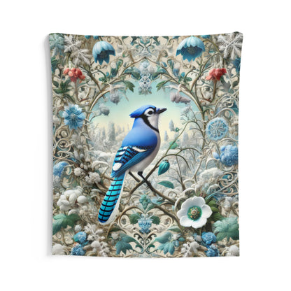 Tapestry of Blue Jay Winter Flower Garden William Morris Inspired Hanging Bird Florals Home Decor