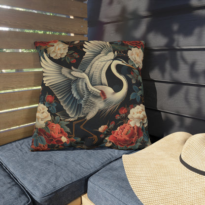Japanese Crane Outdoor Pillow, Floral Bird Throw Pillow, Chinoiserie Cushion, Elegant Heron Decor, Patio Accent Pillow