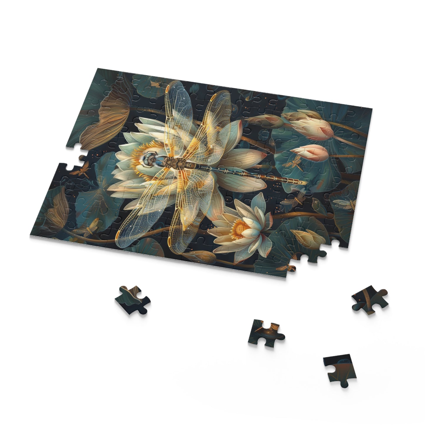 Art deco of Dragonfly Water Lily Jigsaw Puzzle (120, 252, 500-Piece) Family Jigsaw Puzzle, Puzzle Box Gift