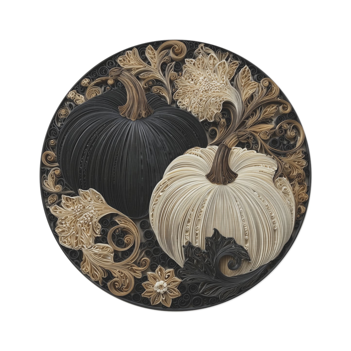 Neutral Pumpkin Round Rug, 5ft Quilled Fall Pumpkins in Black & Cream, Elegant Autumn Floral Scroll Art Area Rug