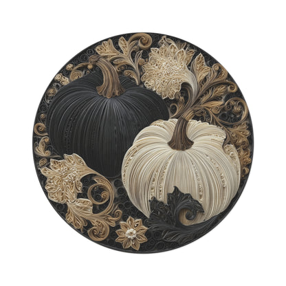 Neutral Pumpkin Round Rug, 5ft Quilled Fall Pumpkins in Black & Cream, Elegant Autumn Floral Scroll Art Area Rug