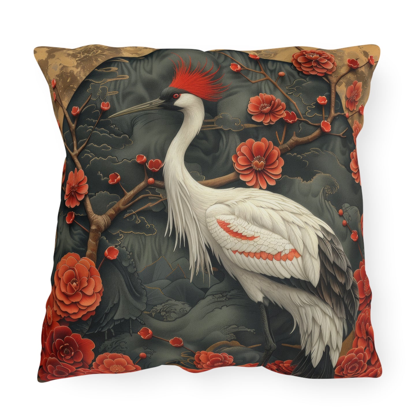 Japanese Crane Floral Outdoor Pillow, Red Crown Crane Throw Pillow, Oriental Bird Cushion, Zen Garden Decor, Asian Inspired Accent Pillow, Nature Lover Gift