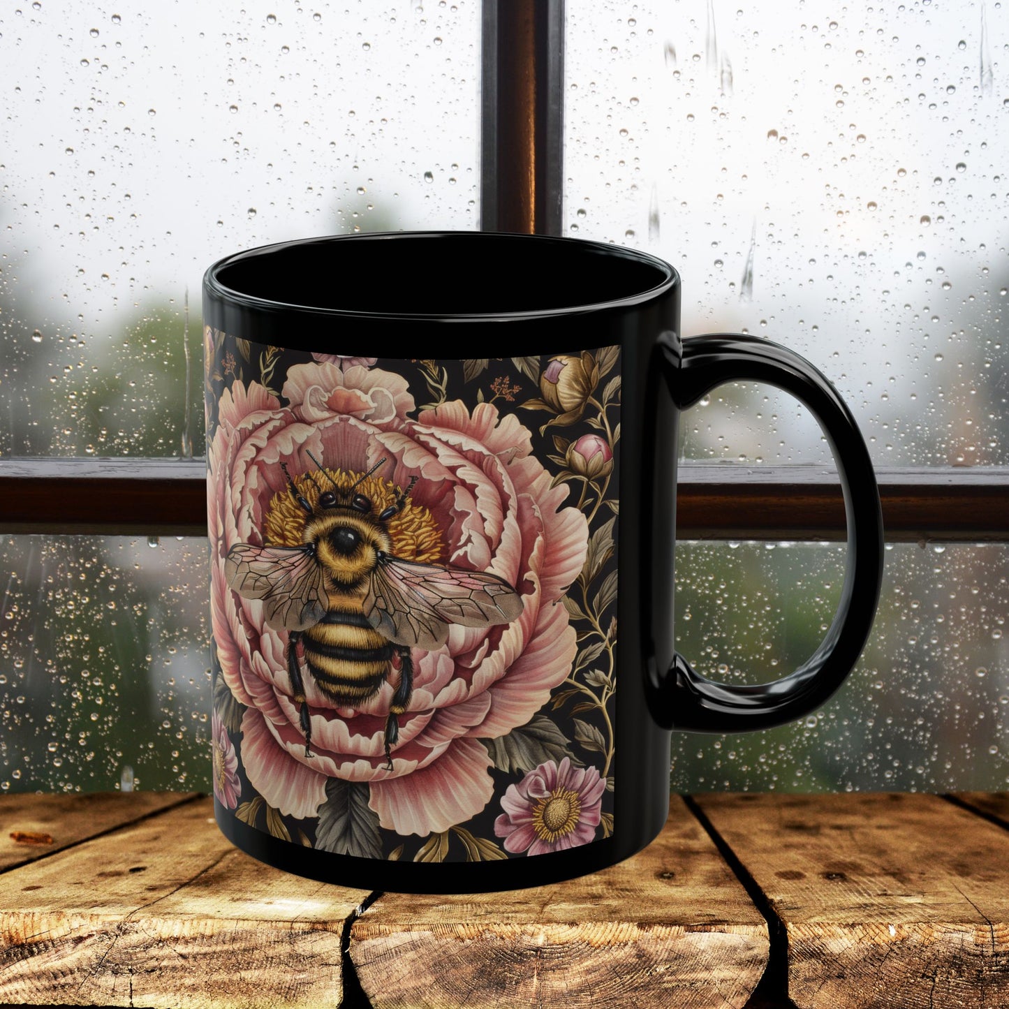 William Morris Inspired Bumblebee Pink Peony Black Coffee Mug For Her Him Ceramic Mug Black Mug 11oz, 15oz