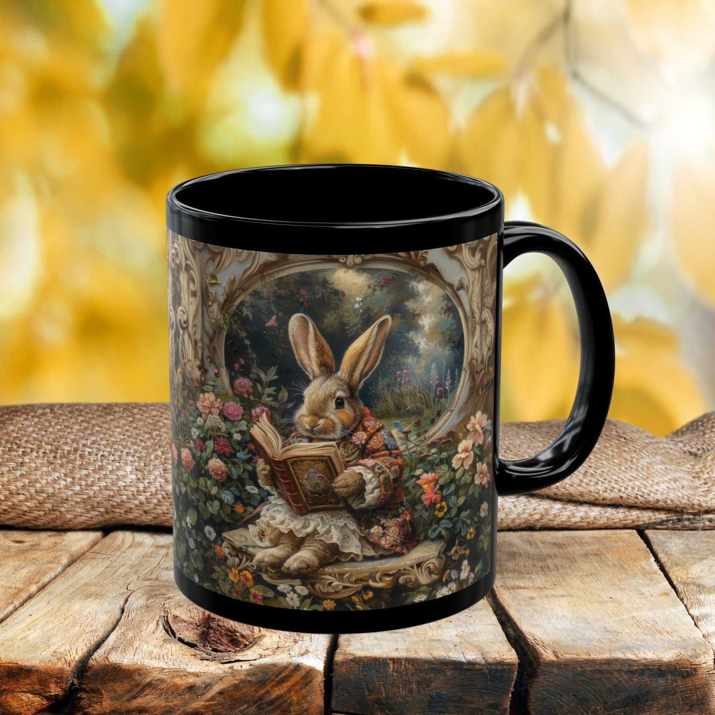 Whimsical Rabbit Black Mug, Easter Bunny Coffee Cup, Floral Decor Coffee Mug, Cute Animal Gift, Morning Tea Mug