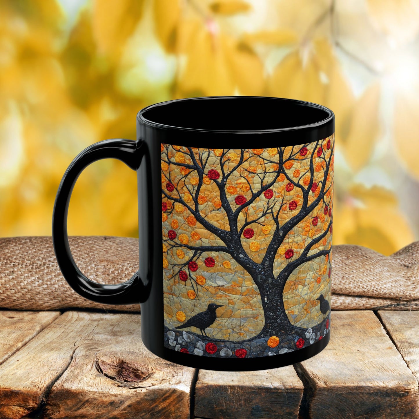 Autumn Apple Tree Art Mug | Black Ceramic Coffee Cup