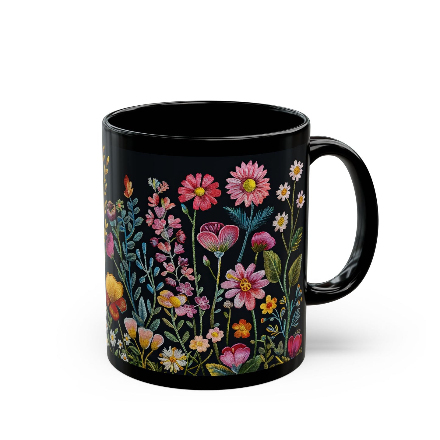 Embroidery Beautiful Wildflowers Black Coffee Mug, Wildflowers Kitchenware Black Mug 11oz, 15oz ,