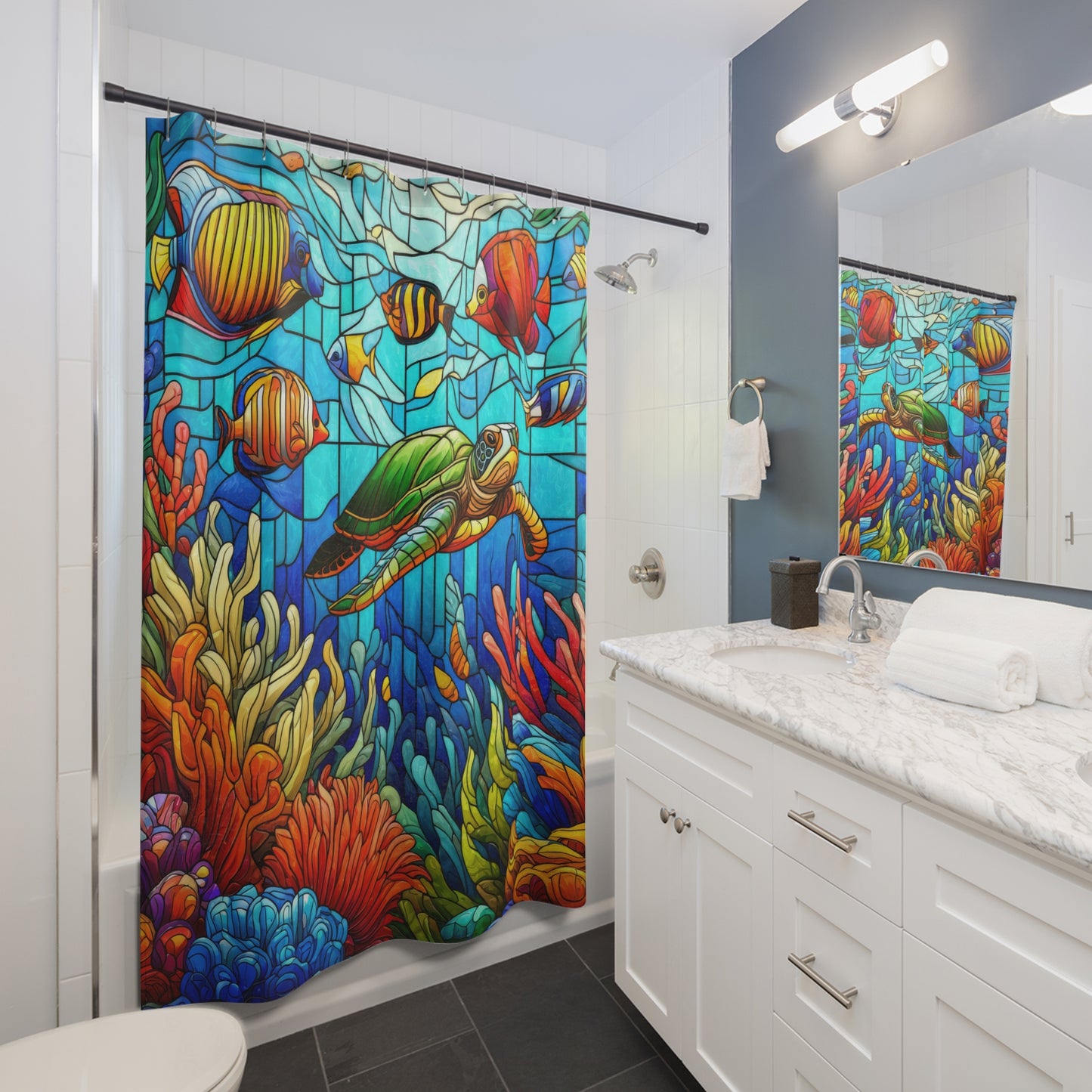 Stained Glass Colorful Tropical Fish, Sea Turtles, and Coral Reef Shower Curtains