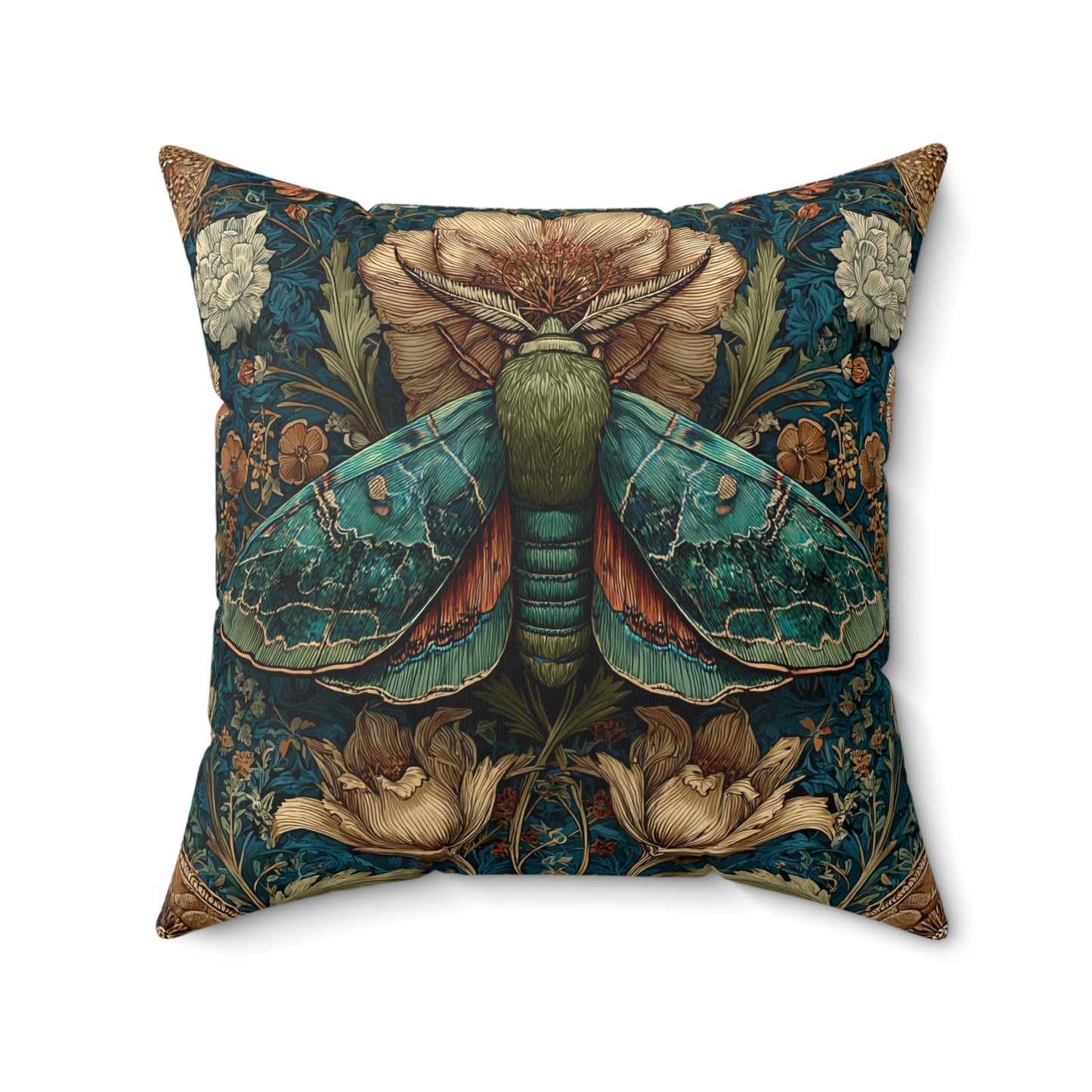 William Morris Inspired Moth Pillow, Teal Botanical Art Nouveau Cushion, Vintage Floral Nature Square Pillow