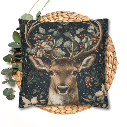 Christmas Reindeer Winter Pillowcase, William Morris Style Festive Woodland Decorative Cushion