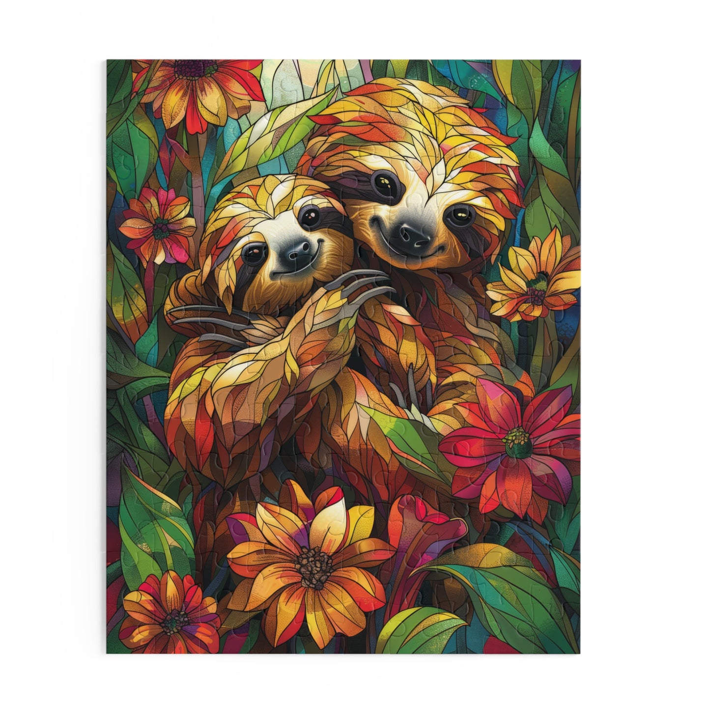 Faux Stained Glass Cuddling Sloth Puzzle Box (120, 252, 500-Piece) Family Jigsaw Puzzle, Puzzle Box Gift