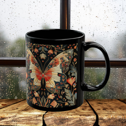 Enchanting Butterfly in the Style of William Morris, Woodland Blossoms Floral Botanical Design Black Mug 11oz, 15 oz