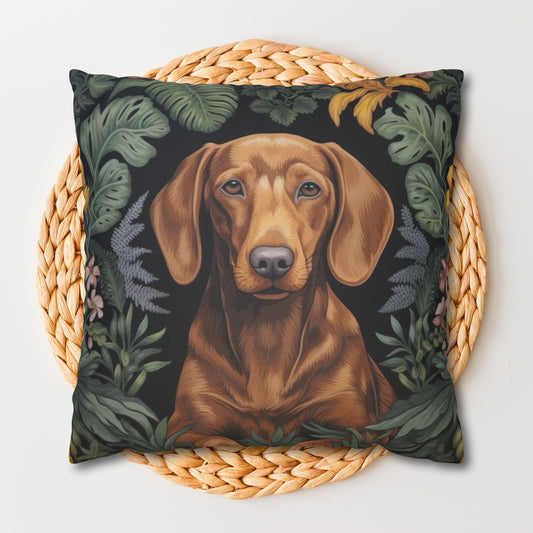 Botanical Brown Dachshund Decorative Pillowcase, William Morris Inspired | Cottage-core Pillowcase