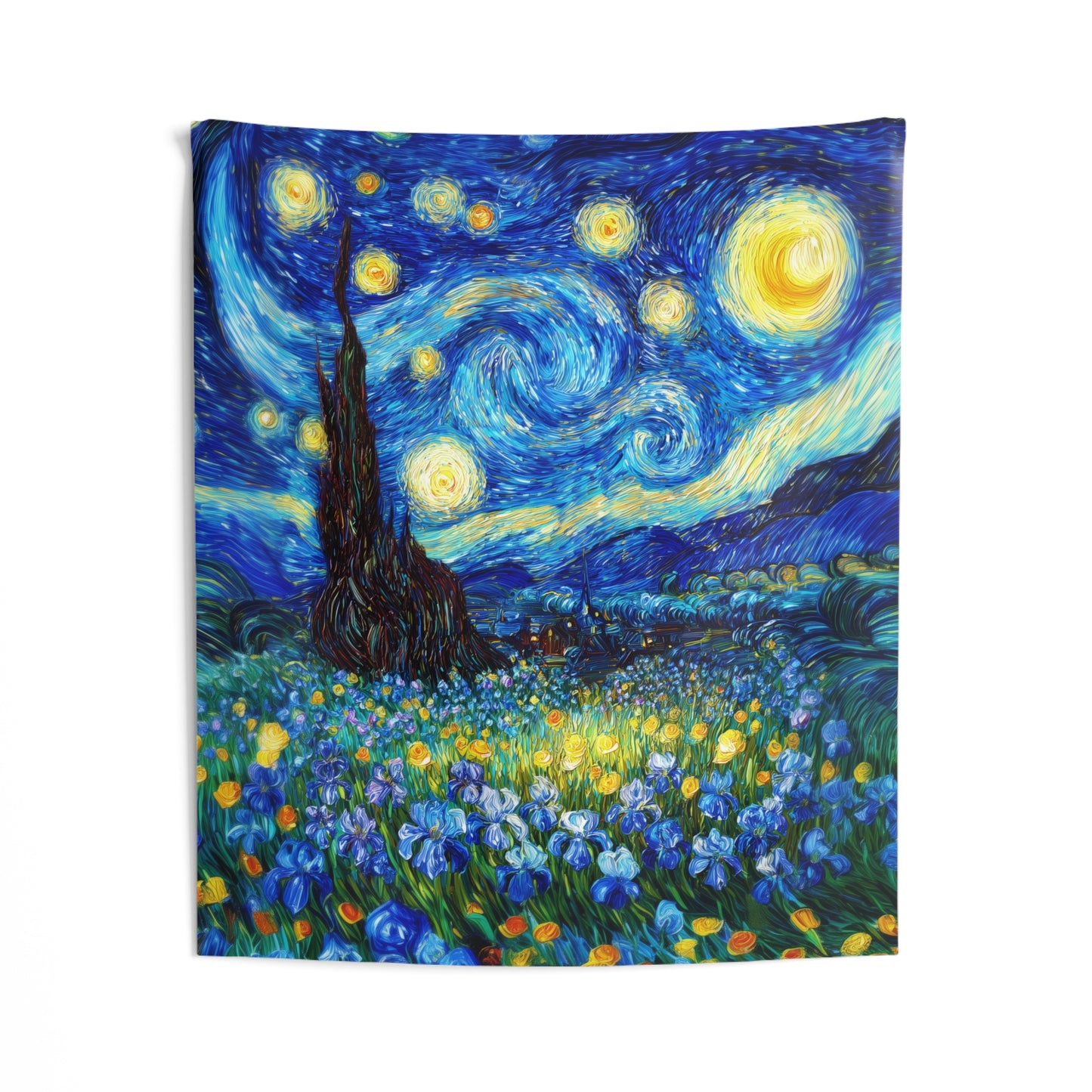 Starry Night Inspired Wall Tapestry with Floral Field, Vibrant Artistic Home Decor