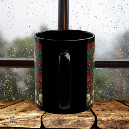 Floral Capybara Mug, Black Ceramic Woodland Coffee Cup 11oz & 15oz, Cute Nature Animal Art Gift with Vintage Botanical Flowers