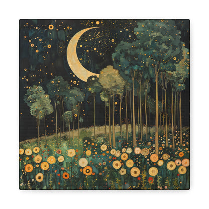 Moonlit Meadow Dreamscape | Matte Canvas Wall Art, Stretched, 1.25" | Starry Night Forest & Flowers Print