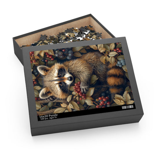 William Morris Inspired Raccoon Berry Jigsaw Puzzle Box | Cottage-core Art Nouveau Puzzle Box (120, 252, 500-Piece)