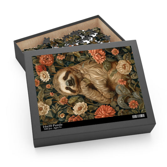 William Morris Inspired Botanical Sloth Jigsaw Puzzle | Cottage-core Art Nouveau Puzzle Box (120, 252, 500-Piece)