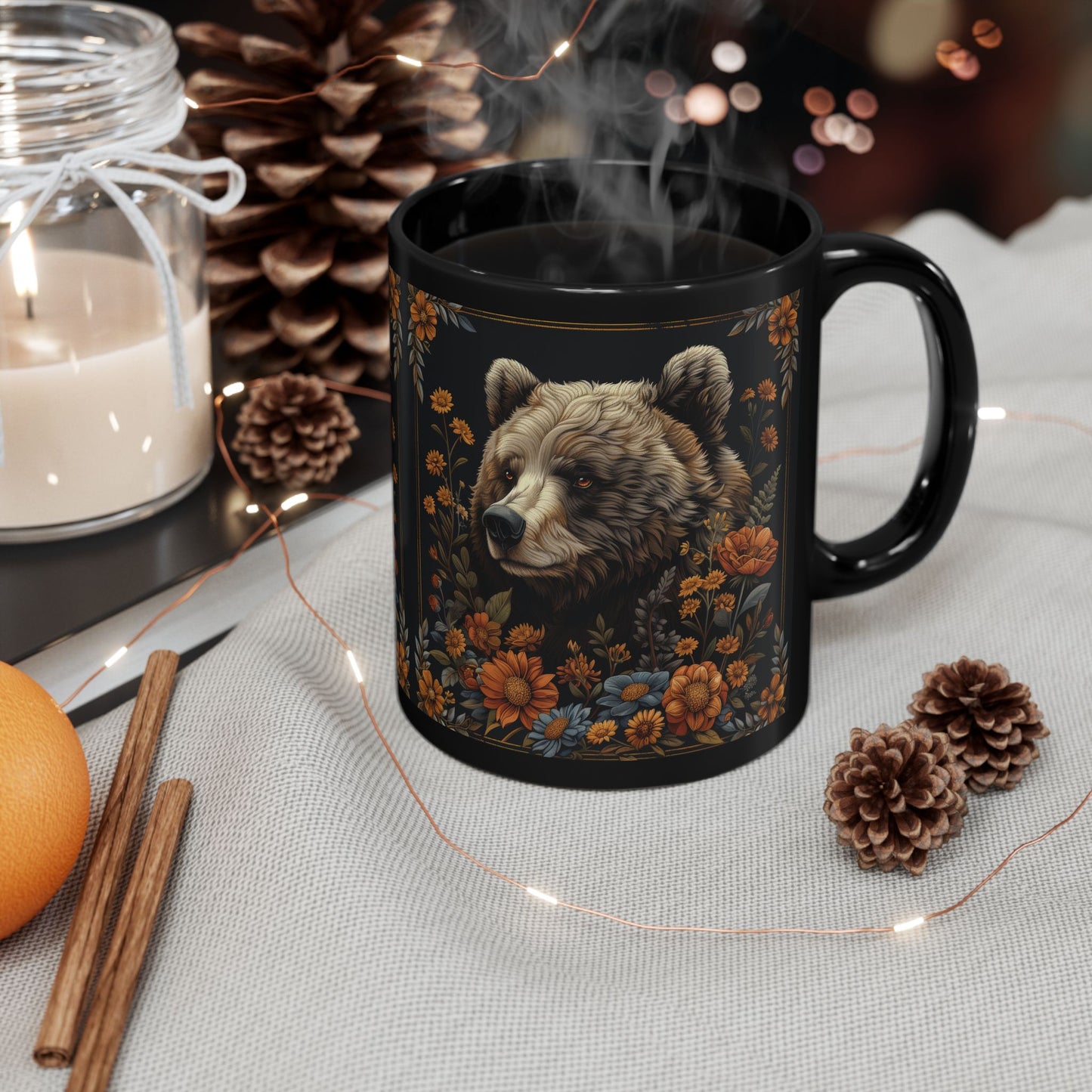 William Morris Inspired Floral Mama Bear Black Coffee Mug 11oz, 15 oz